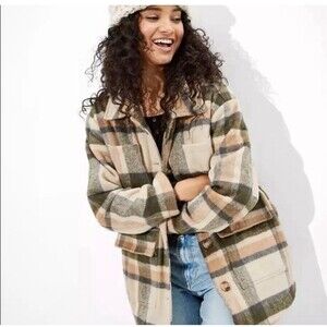 American Eagle Plaid Sherpa-Lined Shacket – Cream/Olive/Brown – Women’s Size S